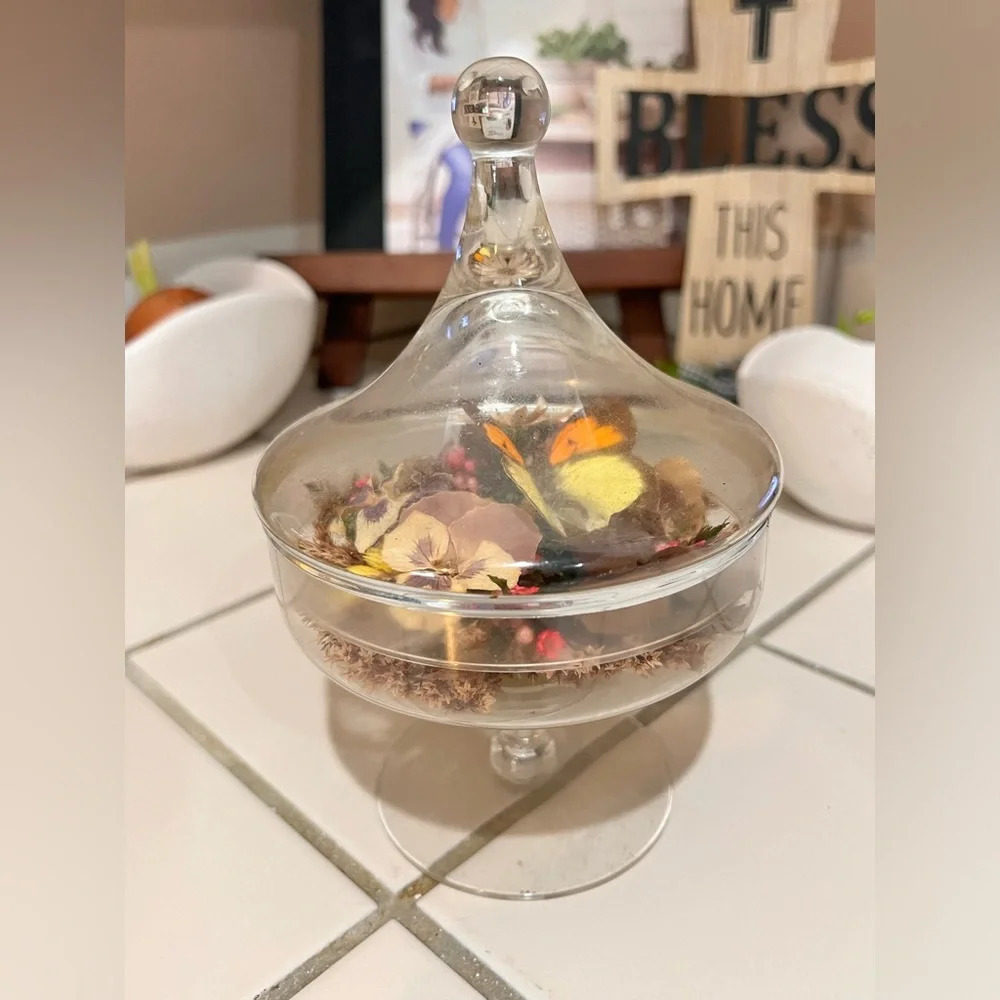FINAL PRICE Vintage Apothecary Jar Terrarium Faux Flowers and Butterfly